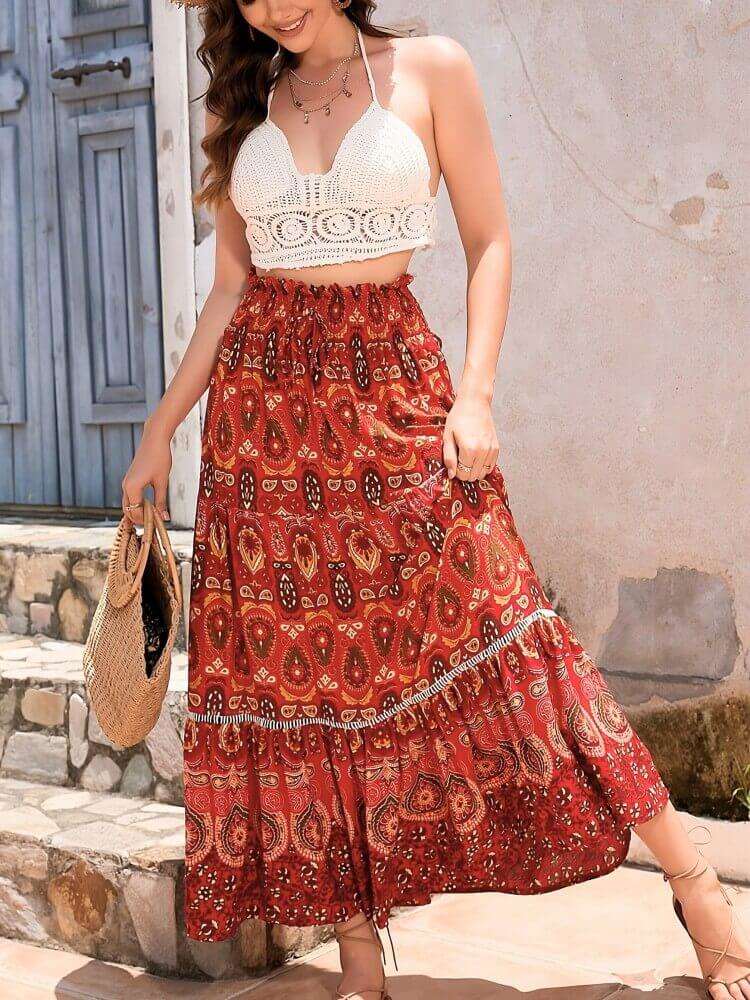 Women's Maxi Skirt - High Waist - Boho Paisley Floral Print - Tiered Flowing Design