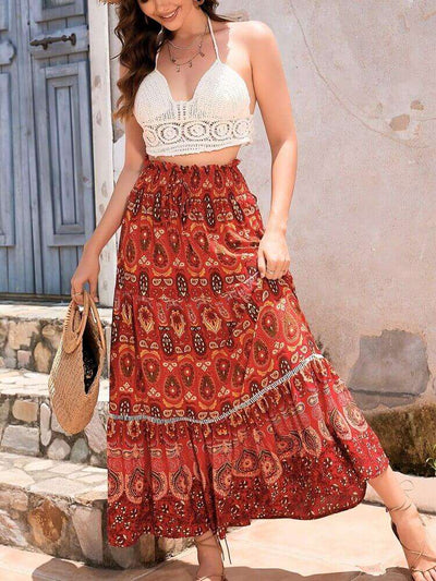 Women's Maxi Skirt - High Waist - Boho Paisley Floral Print - Tiered Flowing Design