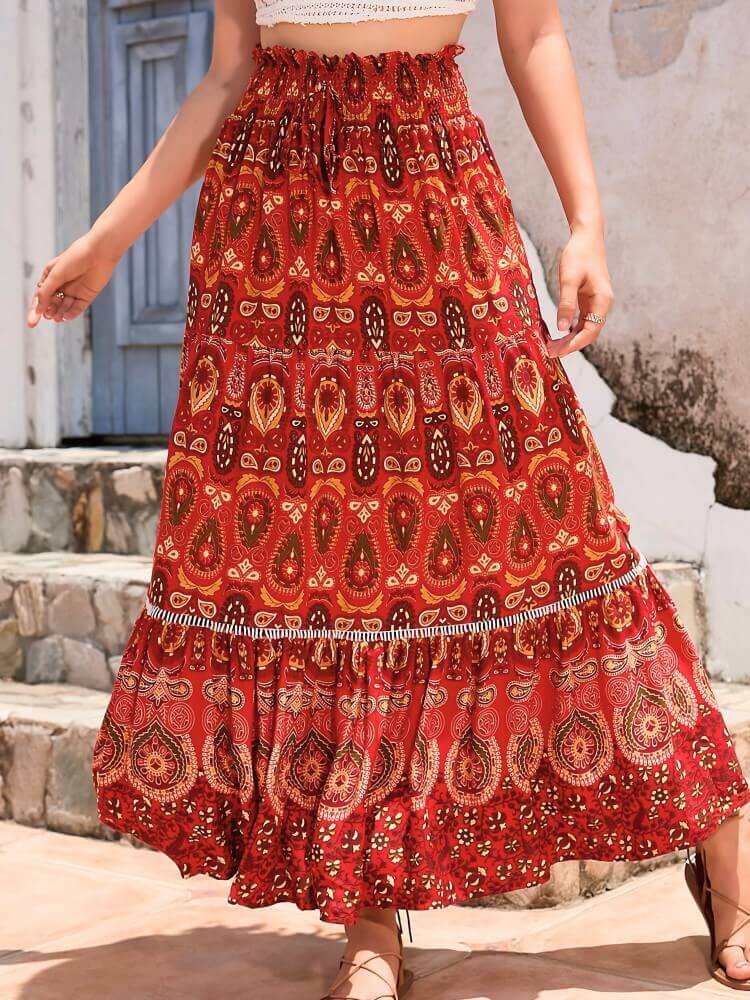 Women's Maxi Skirt - High Waist - Boho Paisley Floral Print - Tiered Flowing Design