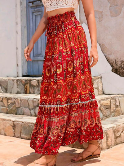 Women's Maxi Skirt - High Waist - Boho Paisley Floral Print - Tiered Flowing Design