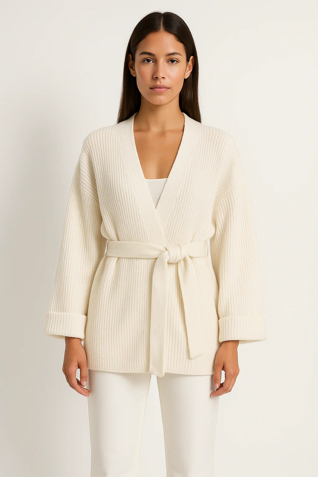 Women’s Knitted Cardigan - Oversized Fit - Ribbed Texture - V-Neck - Tie Waist - Long Sleeve