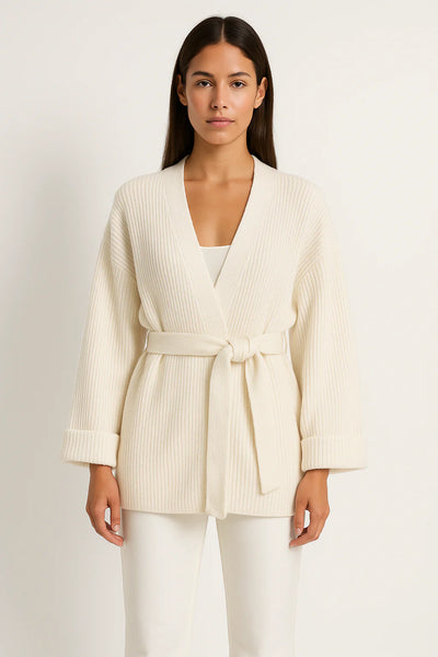 Women’s Knitted Cardigan - Oversized Fit - Ribbed Texture - V-Neck - Tie Waist - Long Sleeve