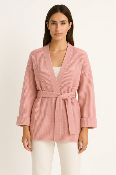Women’s Knitted Cardigan - Oversized Fit - Ribbed Texture - V-Neck - Tie Waist - Long Sleeve
