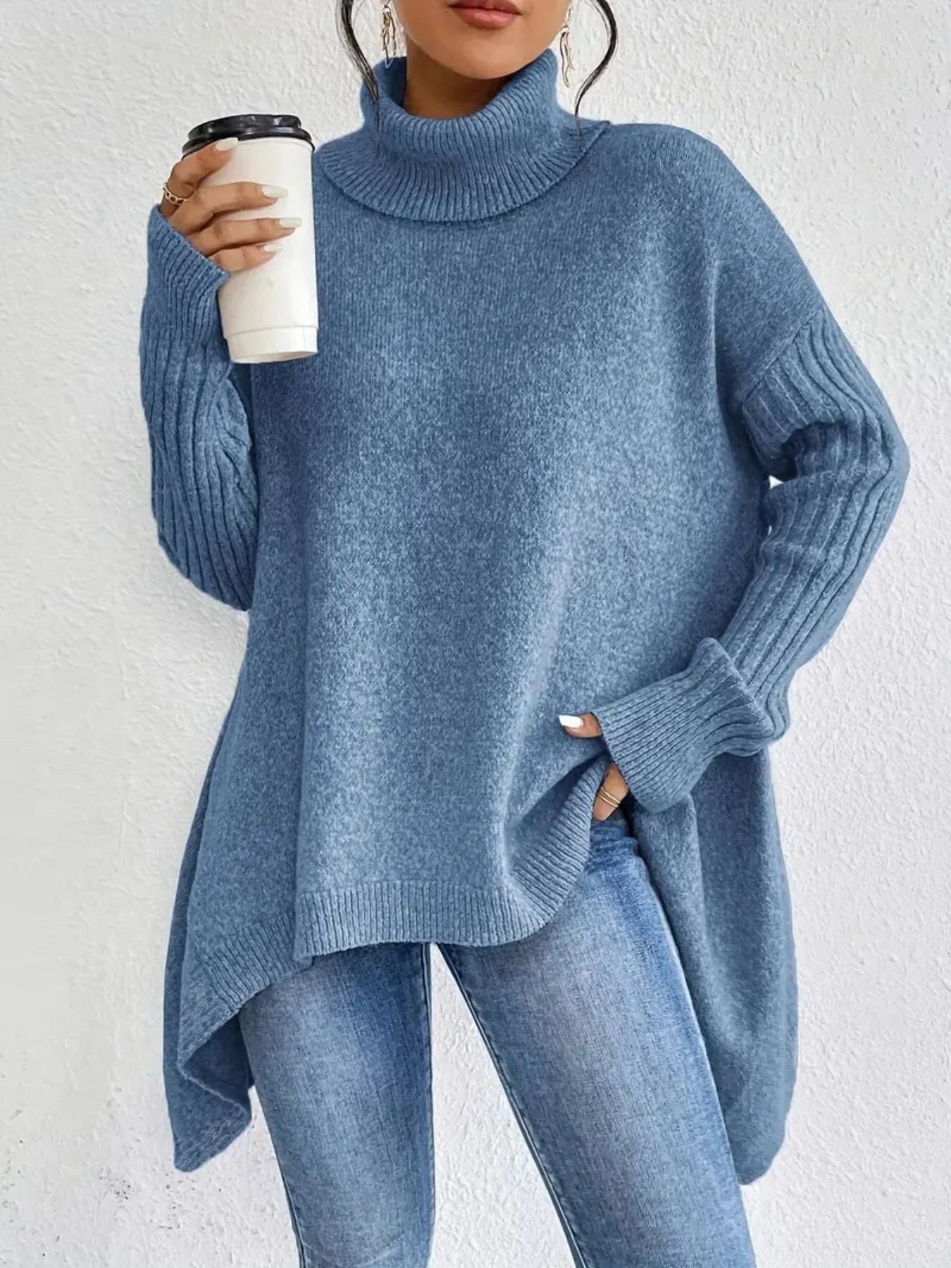 Women’s Turtleneck Sweater – Oversized Fit – Asymmetrical Hem – Ribbed Knit Sleeves