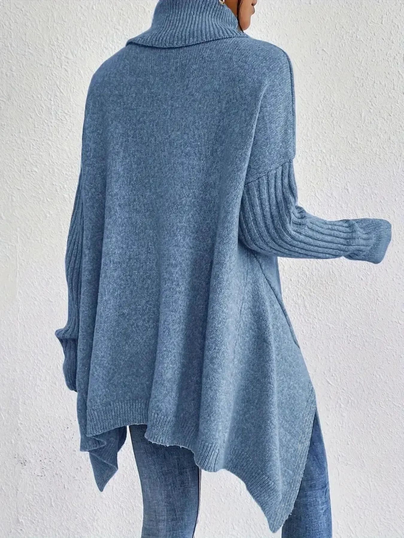 Women’s Turtleneck Sweater – Oversized Fit – Asymmetrical Hem – Ribbed Knit Sleeves
