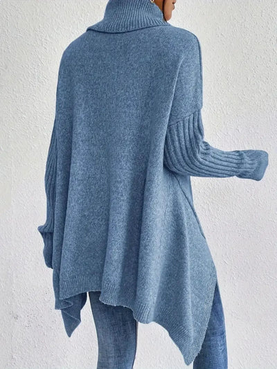 Women’s Turtleneck Sweater – Oversized Fit – Asymmetrical Hem – Ribbed Knit Sleeves