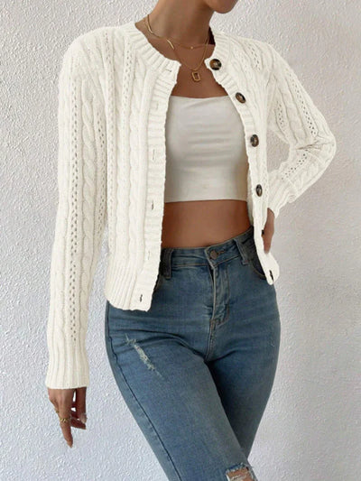 Women’s Cardigan – Cable Knit – Button Front – Relaxed Fit – Ribbed Trim – Waist Length