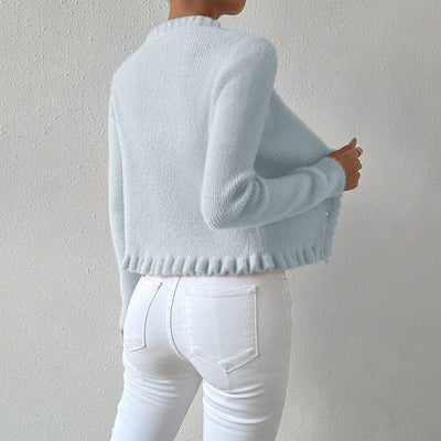 Women’s Cardigan – Slim Fit Knit – V-Neck – Pearl Buttons – Ruffle Trim – Waist Length