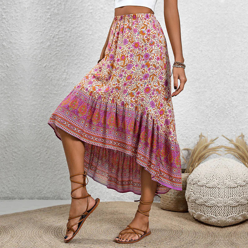 Women’s Midi Skirt – Tiered Flowing Fit – Elastic Waist – Paisley Floral Design – Breathable Fabric