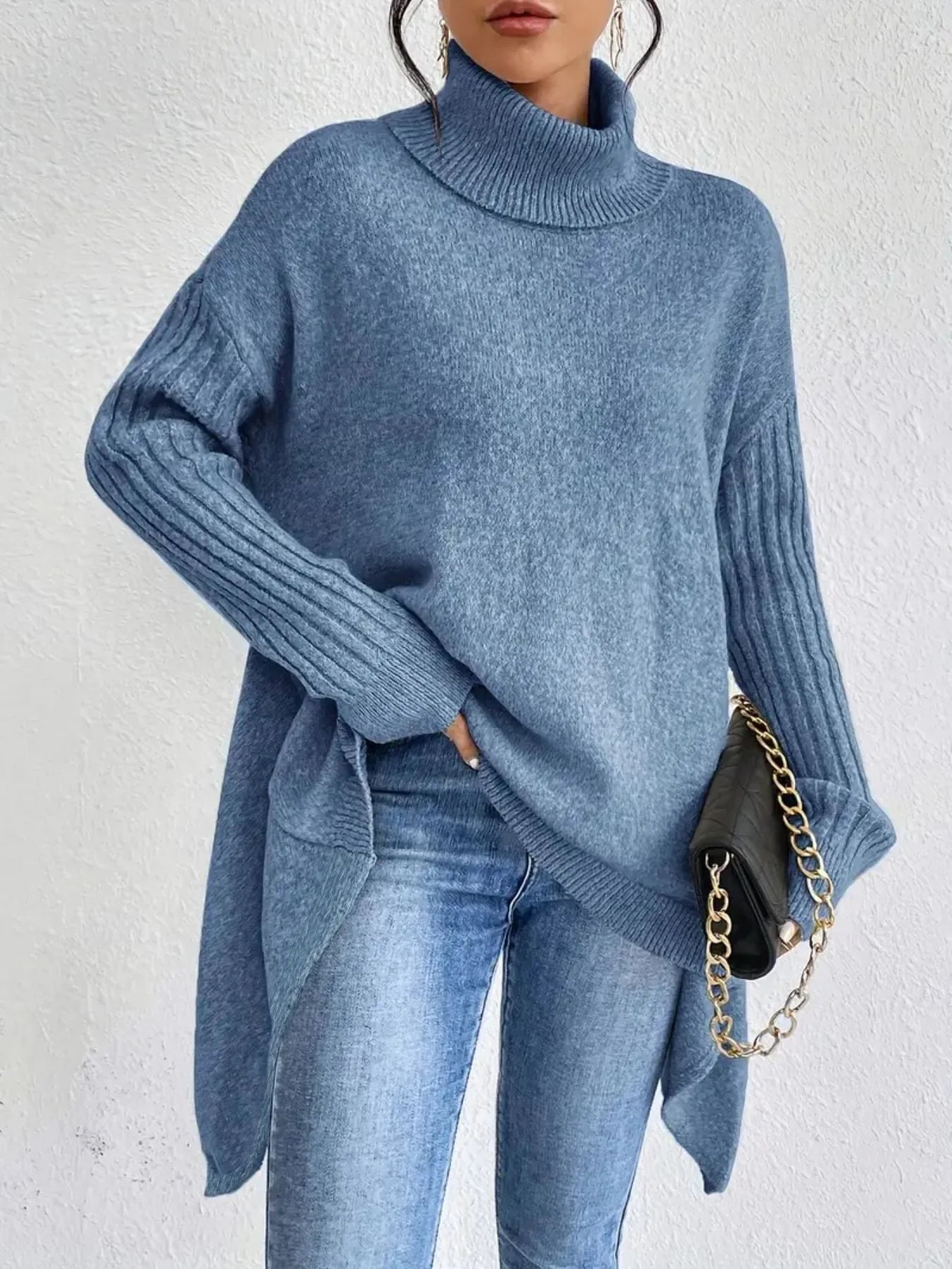 Women’s Turtleneck Sweater – Oversized Fit – Asymmetrical Hem – Ribbed Knit Sleeves