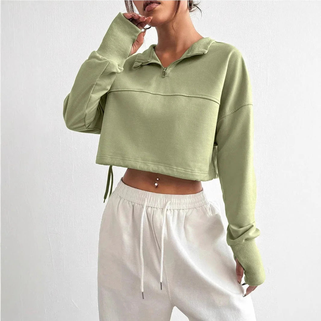 Women’s Cropped Sweatshirt – Cotton Blend – Relaxed Fit – Zip Neck – Balloon Sleeves