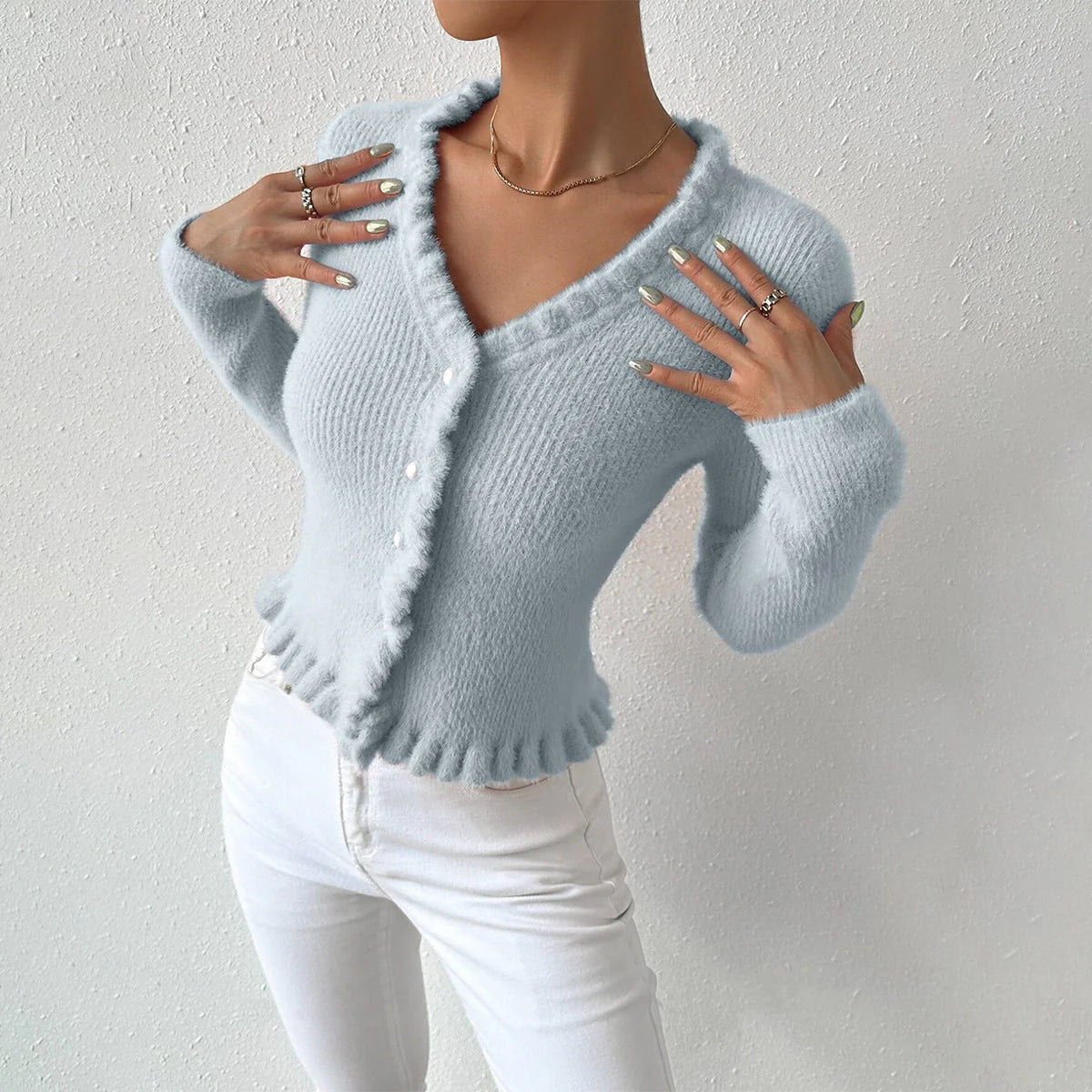 Women’s Cardigan – Slim Fit Knit – V-Neck – Pearl Buttons – Ruffle Trim – Waist Length