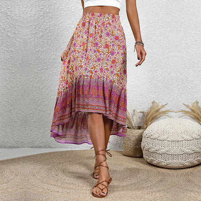 Women’s Midi Skirt – Tiered Flowing Fit – Elastic Waist – Paisley Floral Design – Breathable Fabric