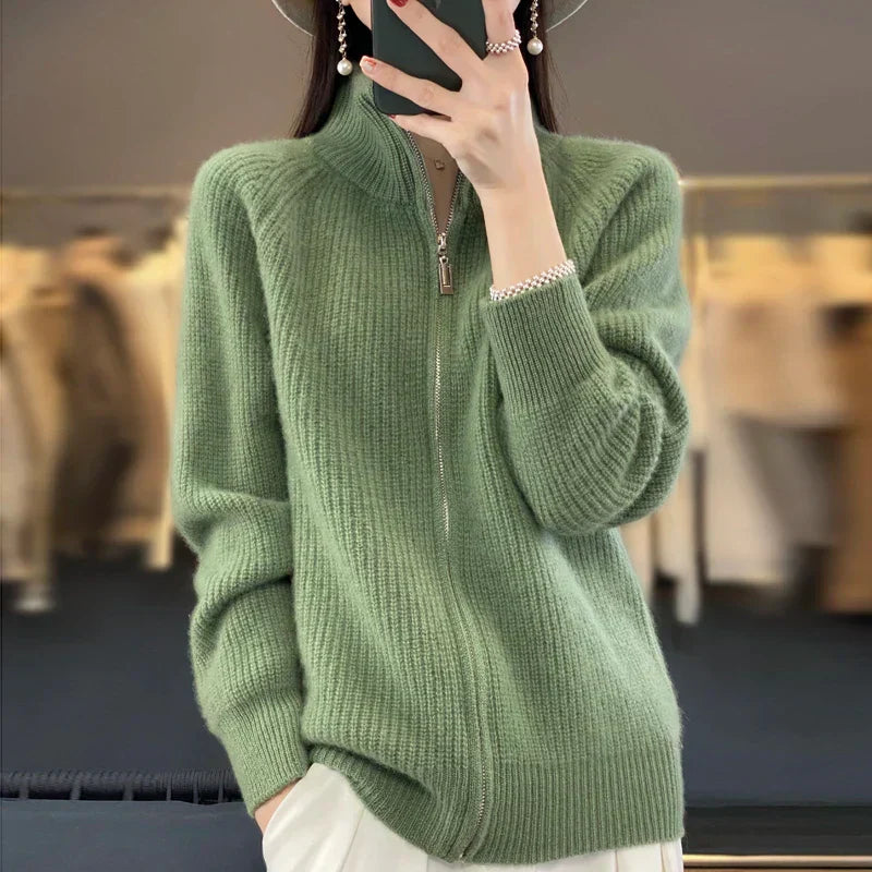 Women’s Cardigan – Relaxed Fit – Zip Front – Hip Length Casual Layer