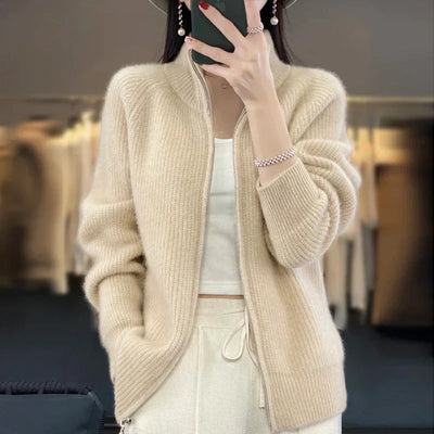 Women’s Cardigan – Relaxed Fit – Zip Front – Hip Length Casual Layer