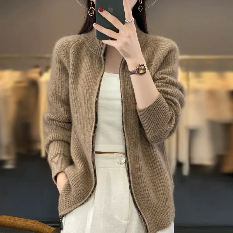 Women’s Cardigan – Relaxed Fit – Zip Front – Hip Length Casual Layer
